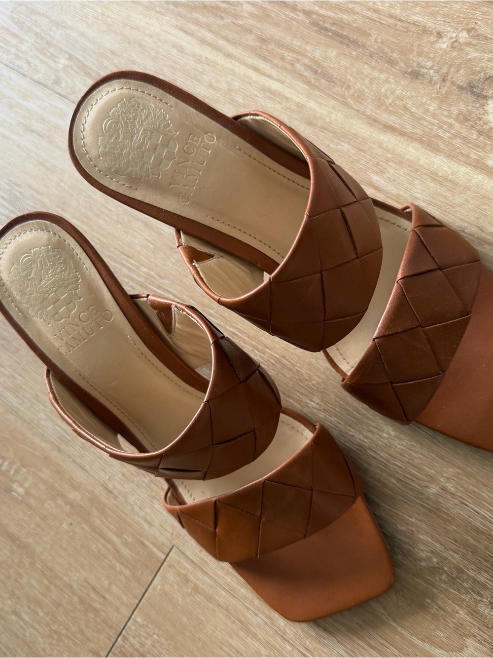 Vince Camuto Cognac Woven Leather Slide Mules